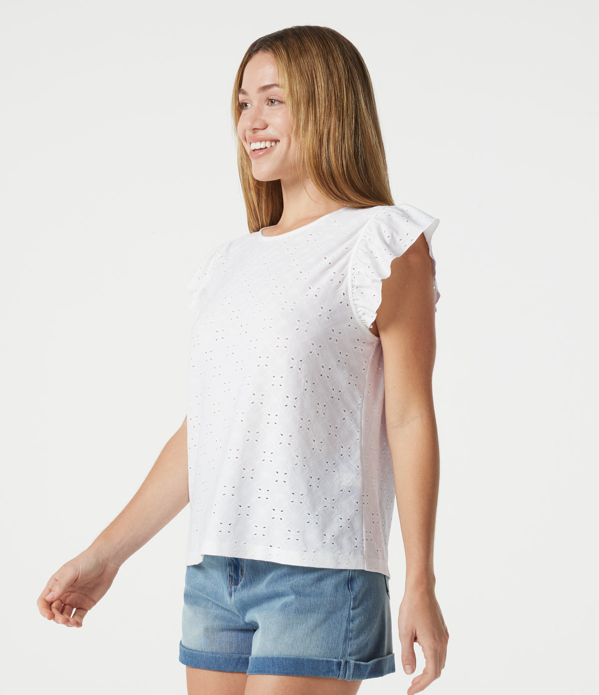 Round Neck Flounce Sleeve Embroidery Eyelet Casual Top — White — view 3