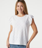 Round Neck Flounce Sleeve Embroidery Eyelet Casual Top — White — view 1