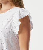 Round Neck Flounce Sleeve Embroidery Eyelet Casual Top — White — view 5