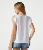 Round Neck Flounce Sleeve Embroidery Eyelet Casual Top — White — view 2