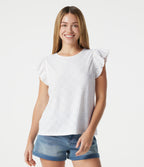 Round Neck Flounce Sleeve Embroidery Eyelet Casual Top — White — view 4