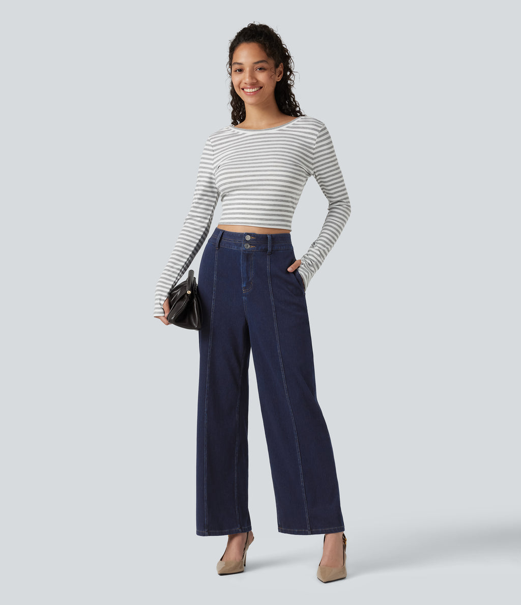 High Waisted Wide Leg Casual Jeans with Pockets — Inkling Blue Denim — view 7