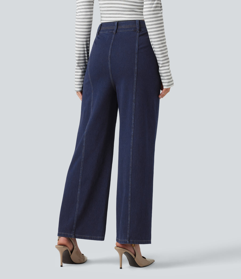 High Waisted Wide Leg Casual Jeans with Pockets — Inkling Blue Denim — view 2