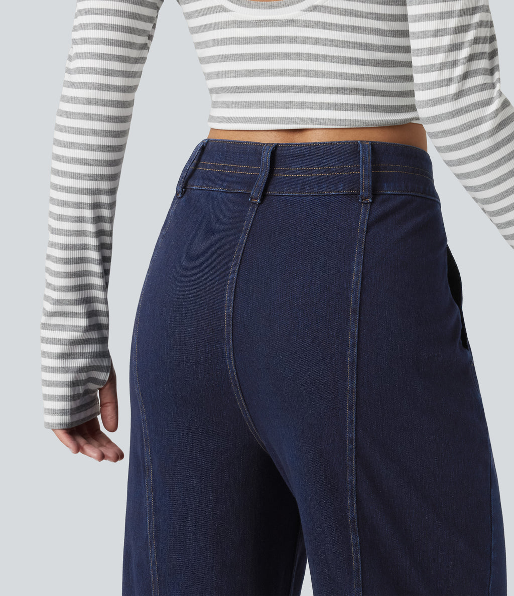 High Waisted Wide Leg Casual Jeans with Pockets — Inkling Blue Denim — view 5