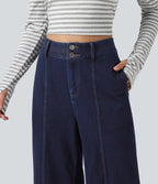 High Waisted Wide Leg Casual Jeans with Pockets — Inkling Blue Denim — view 4