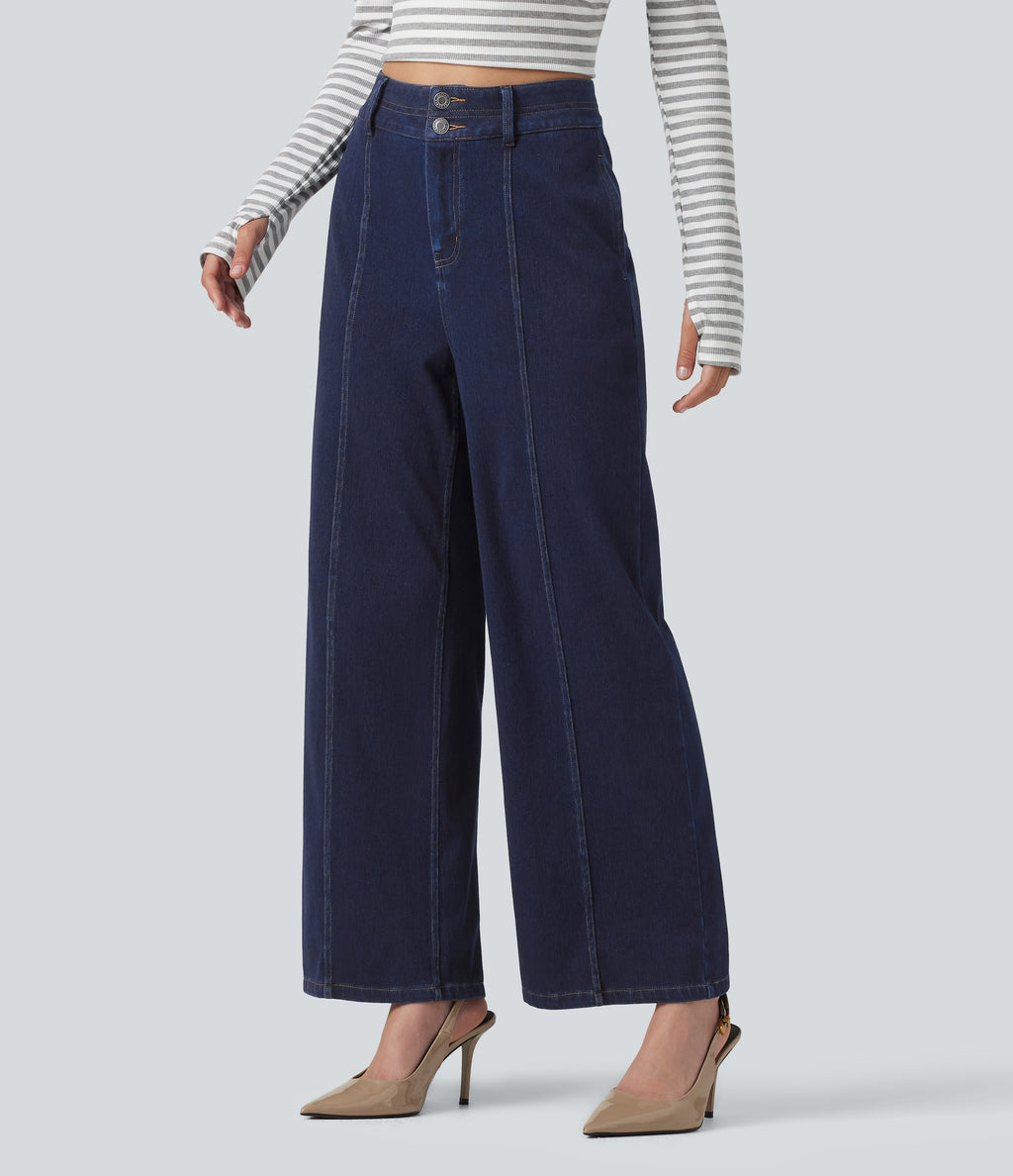 High Waisted Wide Leg Casual Jeans with Pockets — Inkling Blue Denim — view 3