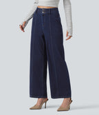High Waisted Wide Leg Casual Jeans with Pockets — Inkling Blue Denim — view 3