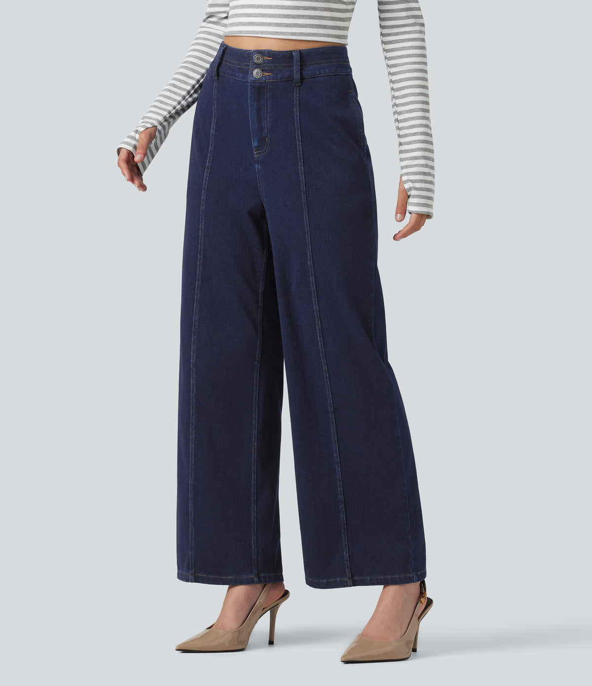 High Waisted Wide Leg Casual Jeans with Pockets — Inkling Blue Denim — view 3