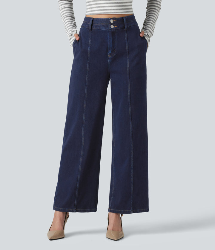 High Waisted Wide Leg Casual Jeans with Pockets — Inkling Blue Denim — view 1