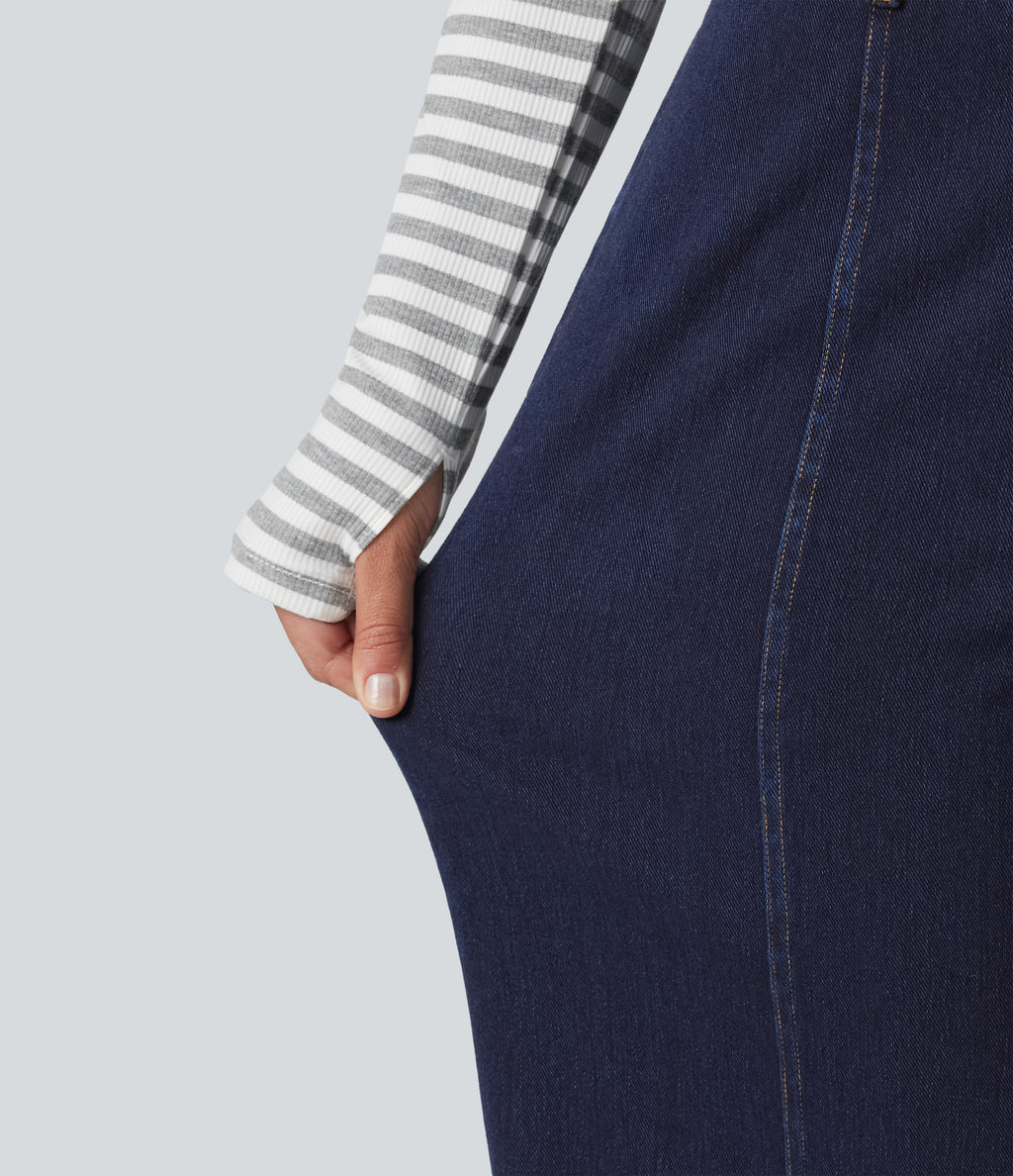 High Waisted Wide Leg Casual Jeans with Pockets — Inkling Blue Denim — view 6