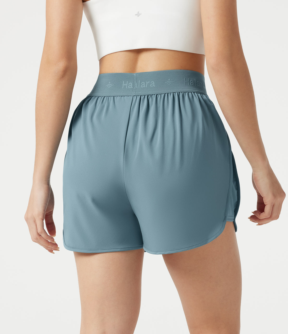 High Waisted Contrast Mesh 2-in-1 Quick Dry Workout Shorts 3'' with Pockets — Stone Blue — view 2