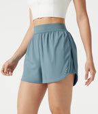 High Waisted Contrast Mesh 2-in-1 Quick Dry Workout Shorts 3'' with Pockets — Stone Blue — view 3
