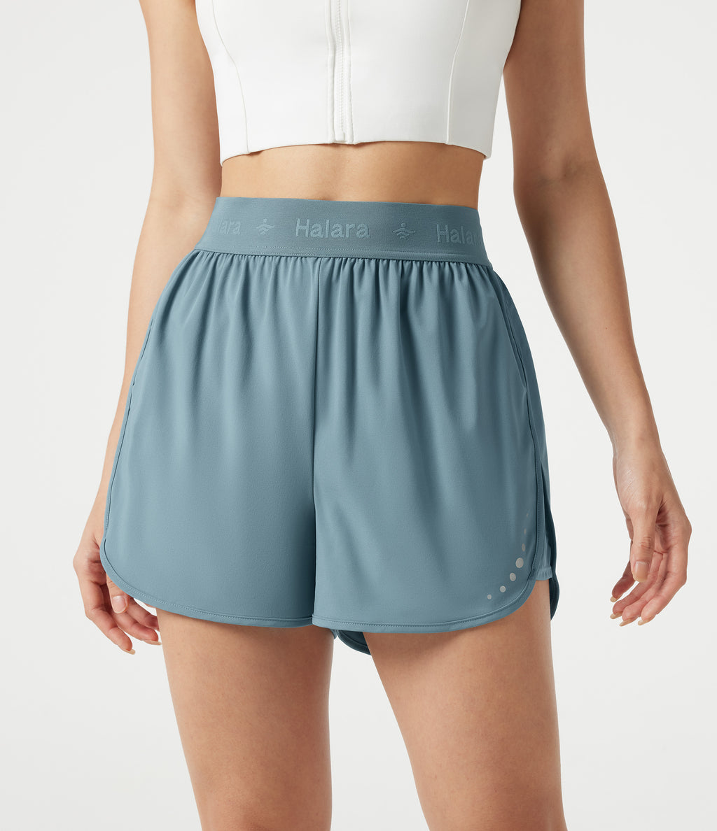 High Waisted Contrast Mesh 2-in-1 Quick Dry Workout Shorts 3'' with Pockets — Stone Blue — view 6