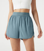 High Waisted Contrast Mesh 2-in-1 Quick Dry Workout Shorts 3'' with Pockets — Stone Blue — view 6