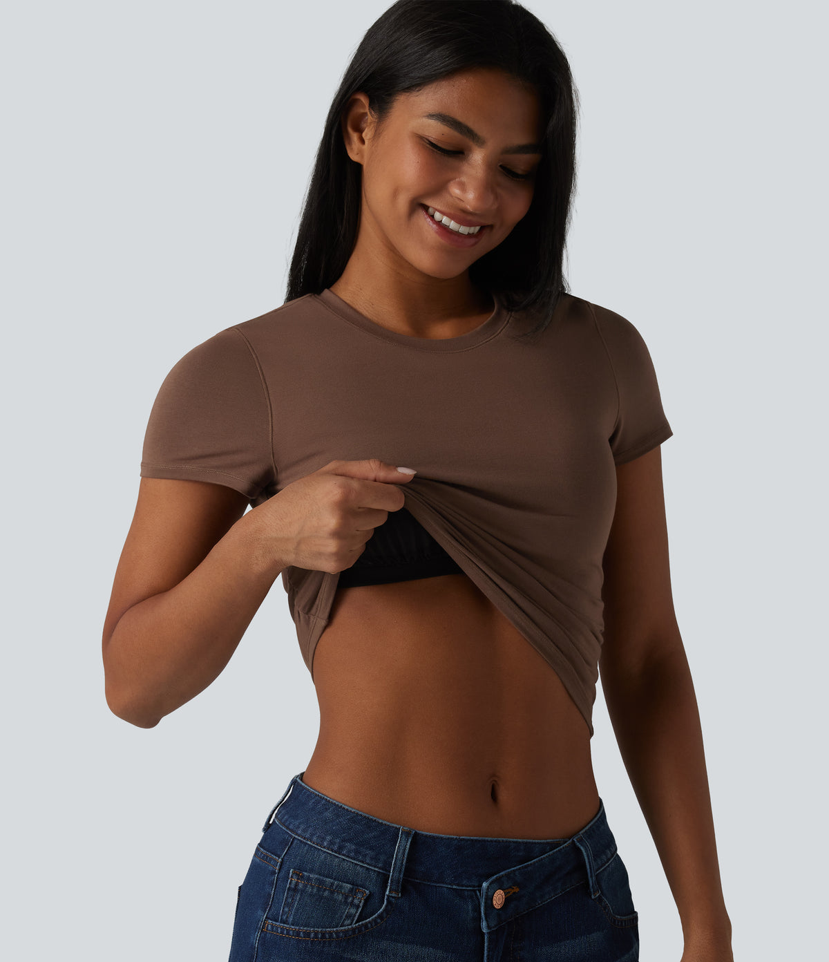 Cotton Jersey Round Neck Short Sleeve Ruched Built-in Bra Casual T-Shirt — Pinecone — view 1