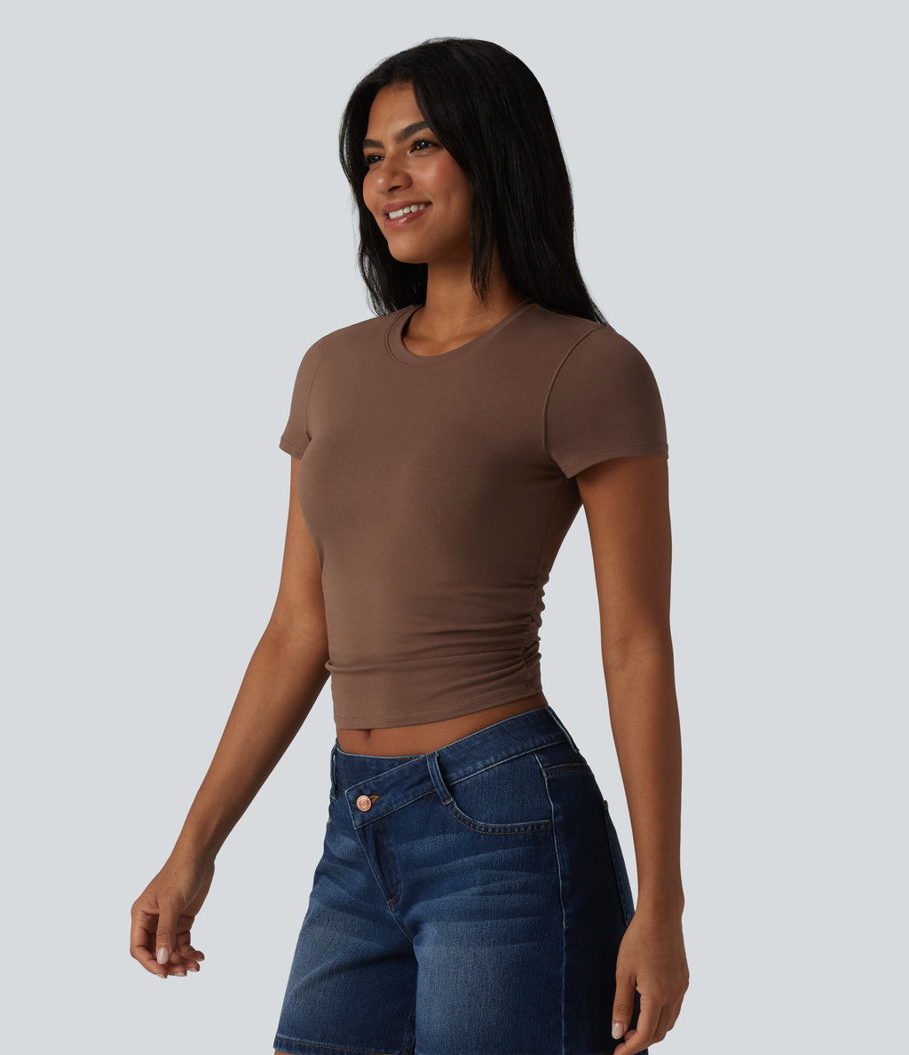 Cotton Jersey Round Neck Short Sleeve Ruched Built-in Bra Casual T-Shirt — Pinecone — view 3