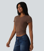 Cotton Jersey Round Neck Short Sleeve Ruched Built-in Bra Casual T-Shirt — Pinecone — view 3