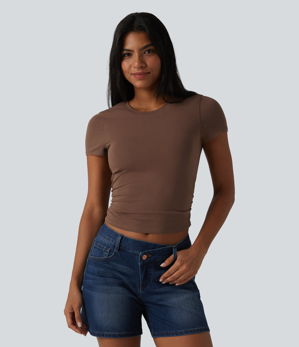 Cotton Jersey Round Neck Short Sleeve Ruched Built-in Bra Casual T-Shirt — Pinecone — view 4