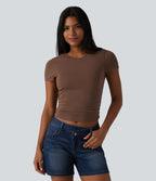 Cotton Jersey Round Neck Short Sleeve Ruched Built-in Bra Casual T-Shirt — Pinecone — view 4