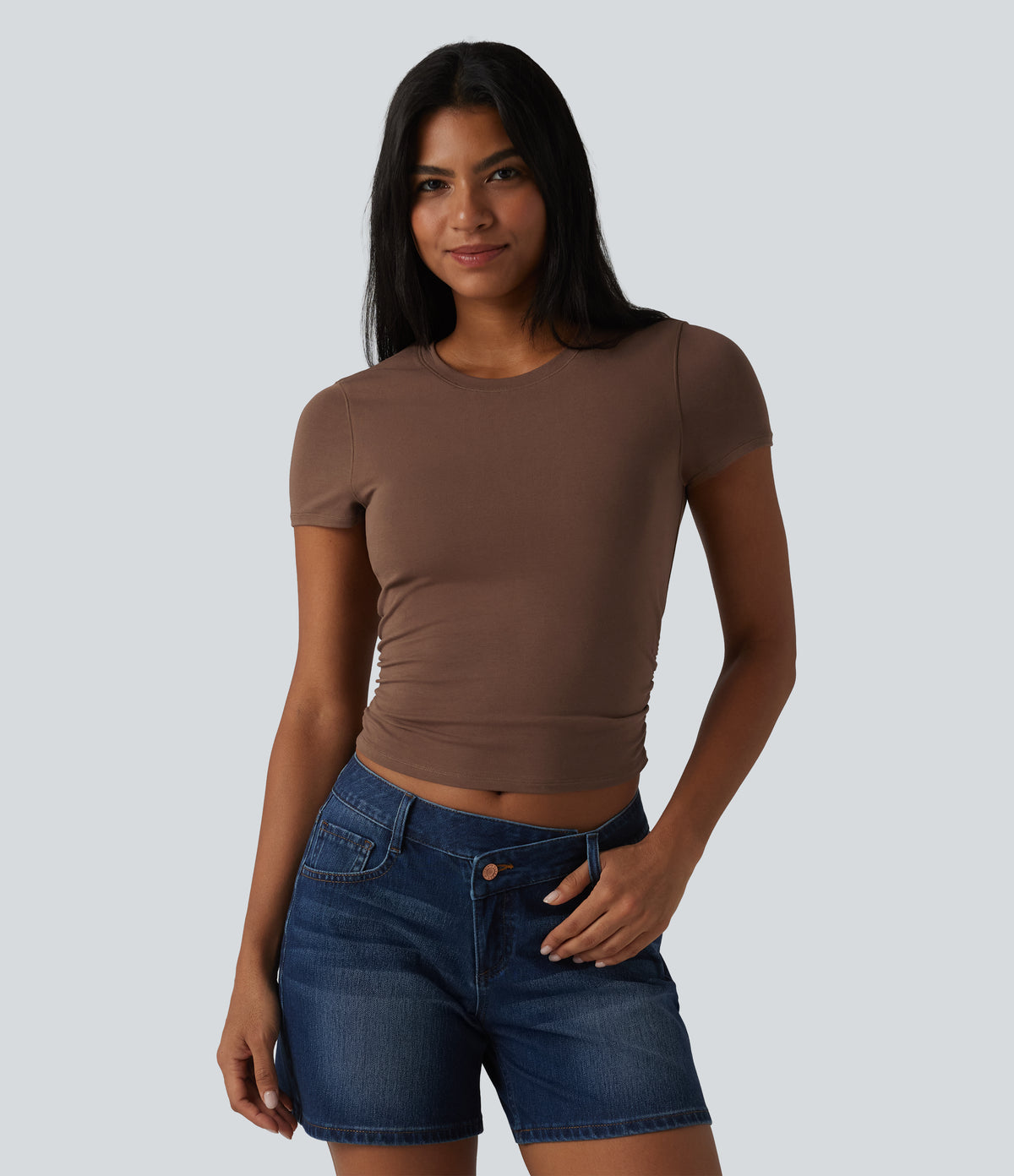 Cotton Jersey Round Neck Short Sleeve Ruched Built-in Bra Casual T-Shirt — Pinecone — view 4