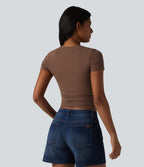 Cotton Jersey Round Neck Short Sleeve Ruched Built-in Bra Casual T-Shirt — Pinecone — view 2