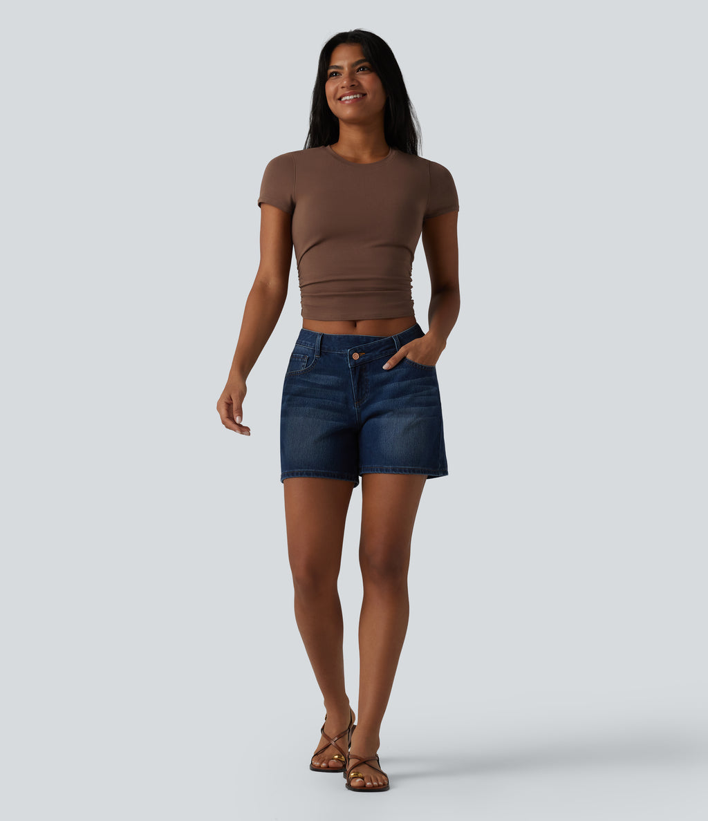 Cotton Jersey Round Neck Short Sleeve Ruched Built-in Bra Casual T-Shirt — Pinecone — view 6