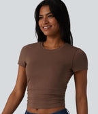 Cotton Jersey Round Neck Short Sleeve Ruched Built-in Bra Casual T-Shirt — Pinecone — view 5