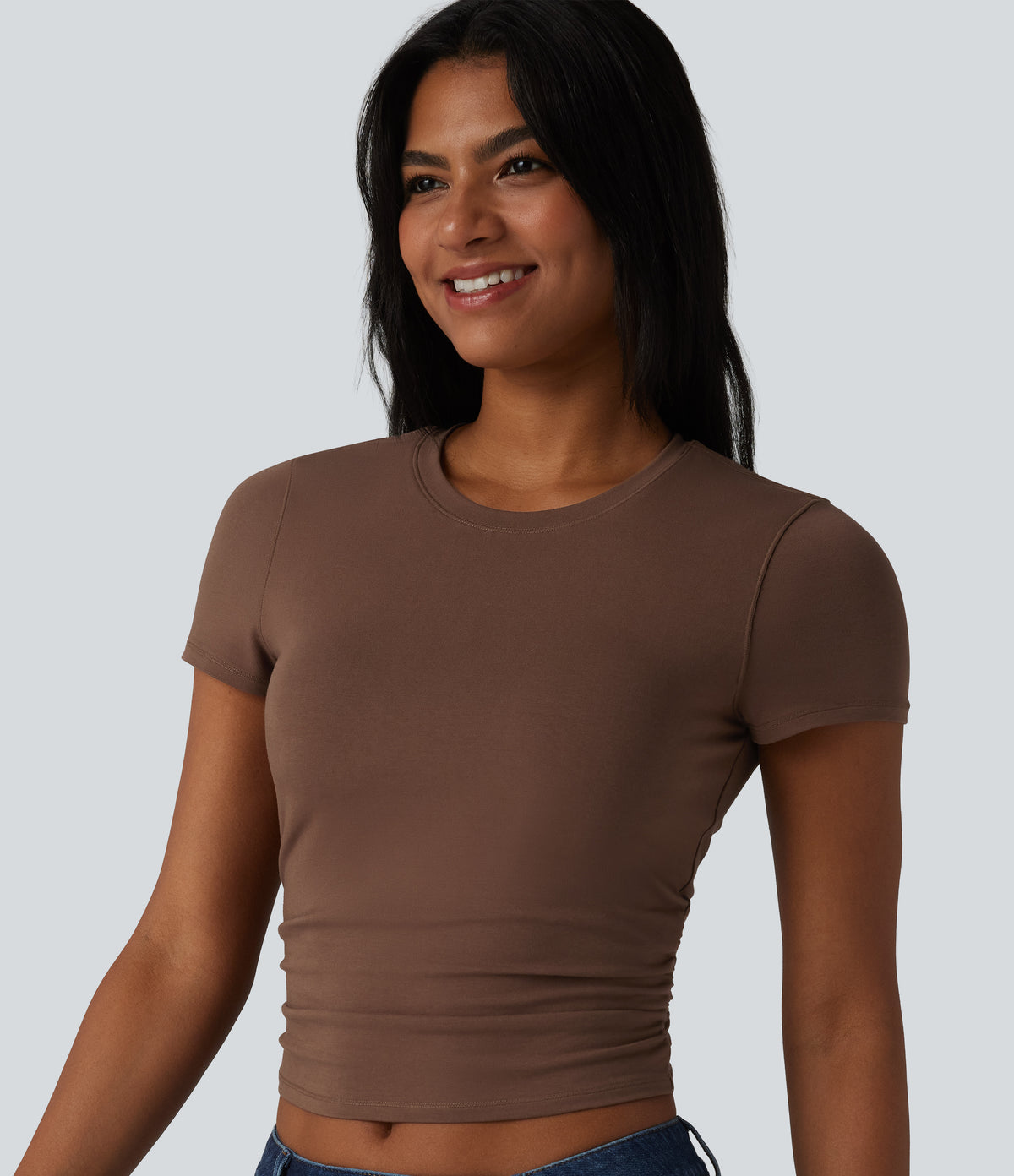 Cotton Jersey Round Neck Short Sleeve Ruched Built-in Bra Casual T-Shirt — Pinecone — view 5