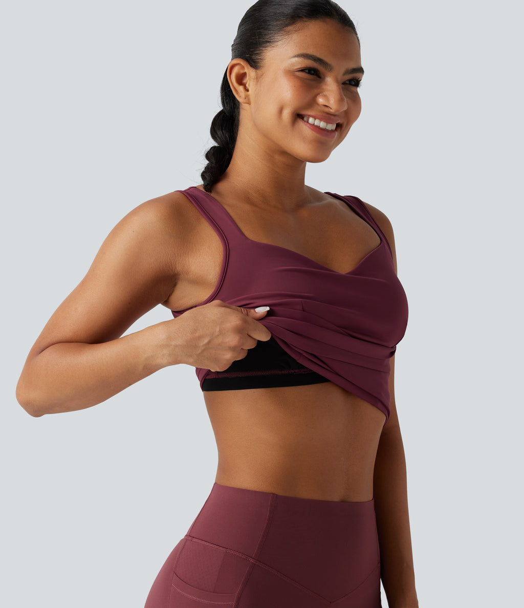 Airy Sweetheart Neck Crossover Built-in Bra InstantCool Running Tank Top — Cordovan — view 1