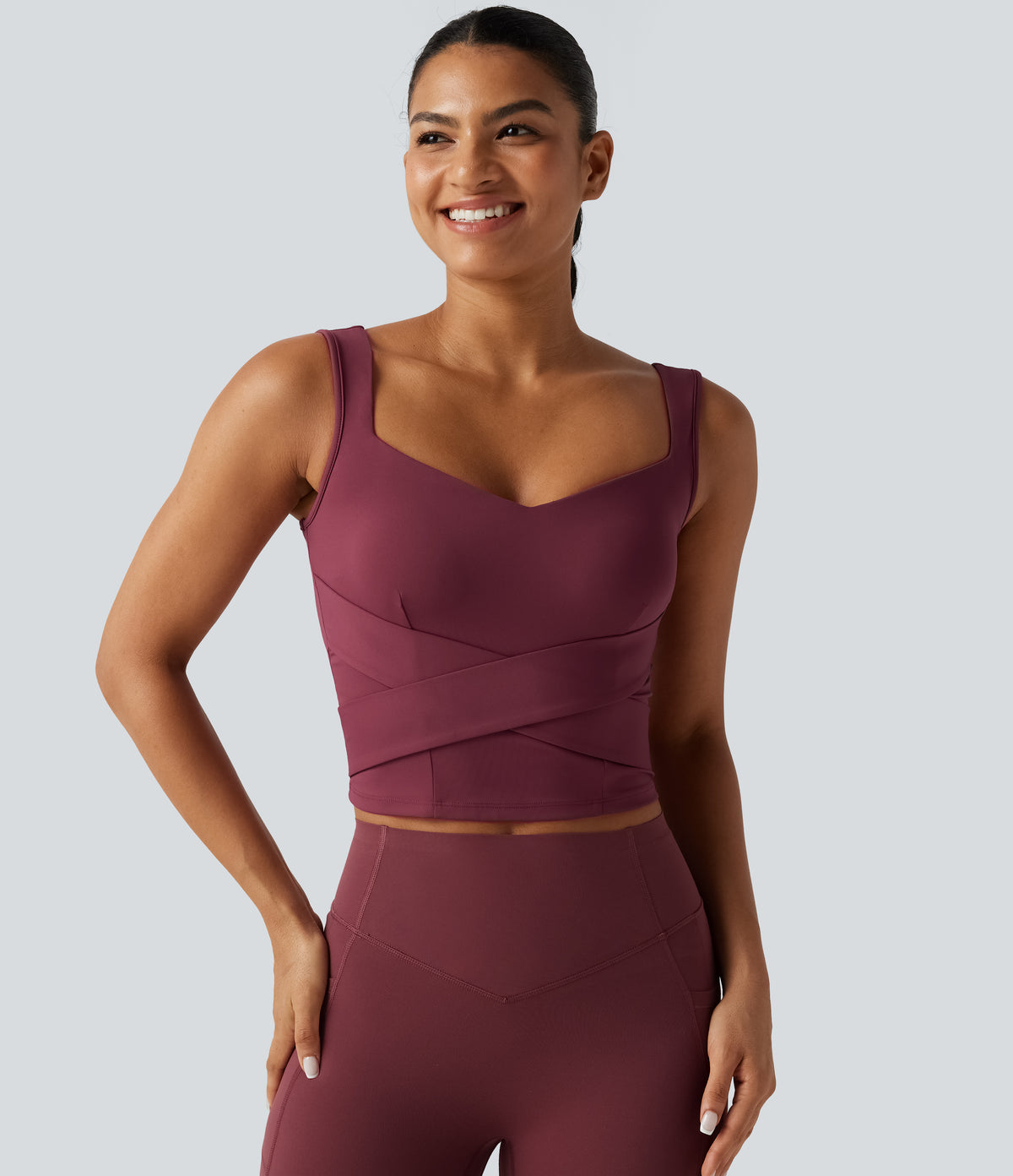 Airy Sweetheart Neck Crossover Built-in Bra InstantCool Running Tank Top — Cordovan — view 5