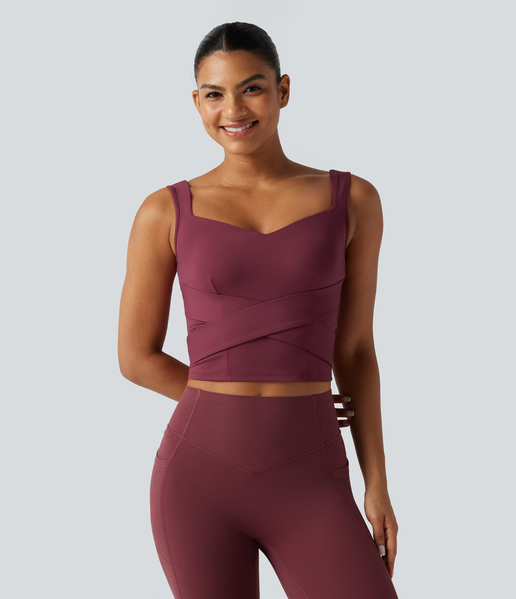 Airy Sweetheart Neck Crossover Built-in Bra InstantCool Running Tank Top — Cordovan — view 3