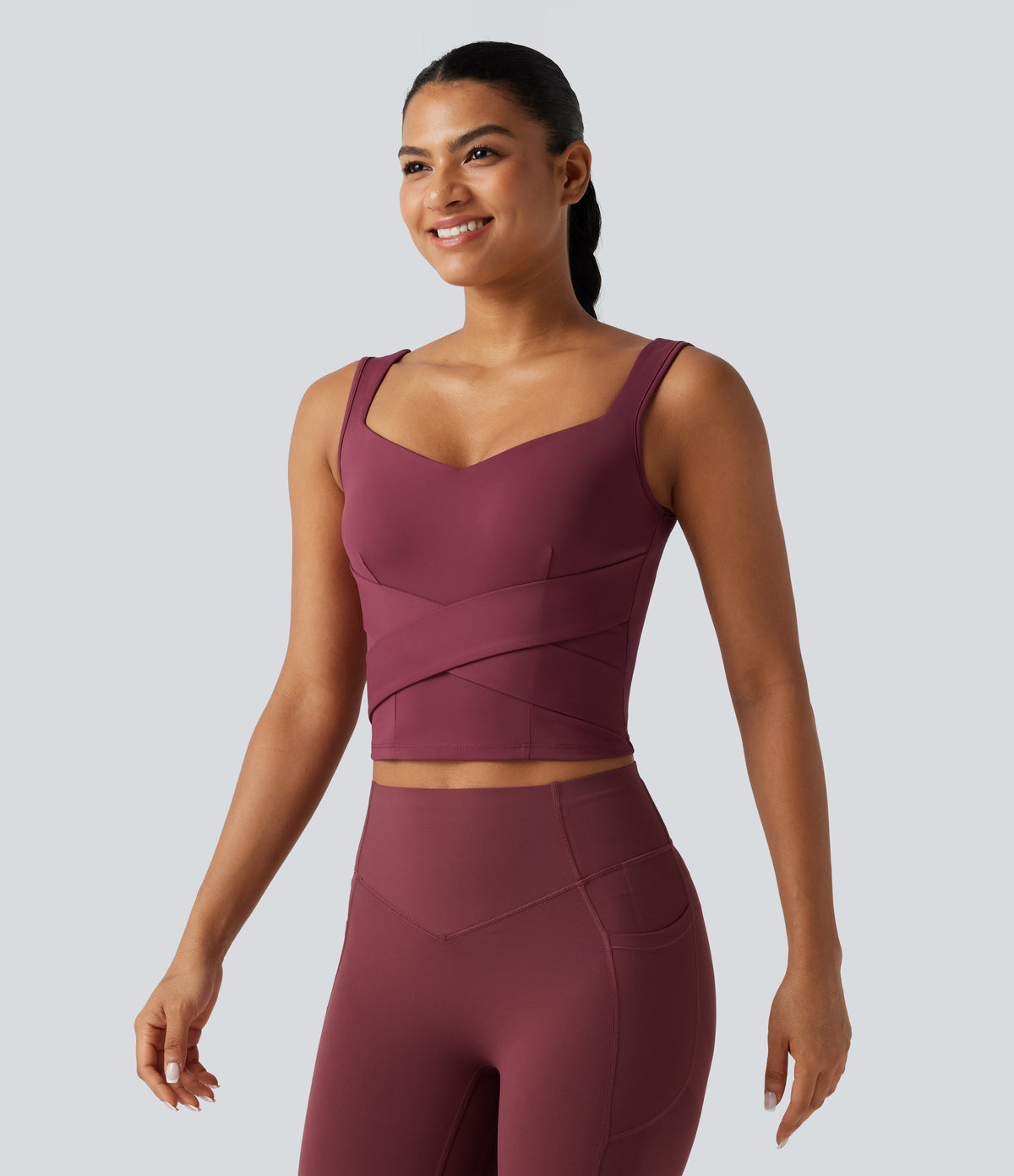 Airy Sweetheart Neck Crossover Built-in Bra InstantCool Running Tank Top — Cordovan — view 4