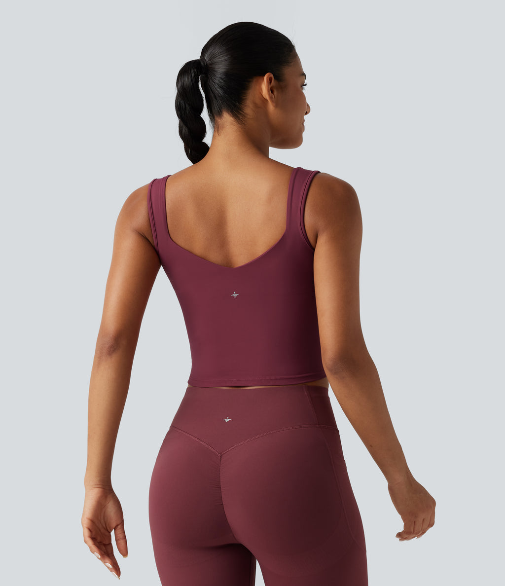 Airy Sweetheart Neck Crossover Built-in Bra InstantCool Running Tank Top — Cordovan — view 2