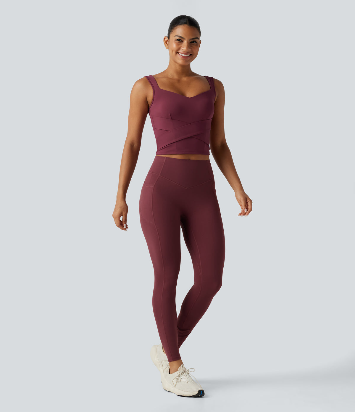 Airy Sweetheart Neck Crossover Built-in Bra InstantCool Running Tank Top — Cordovan — view 7