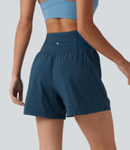 High Waisted Drawstring Eyelet Running Shorts 5'' with Pocket — Majolica Blue — view 2