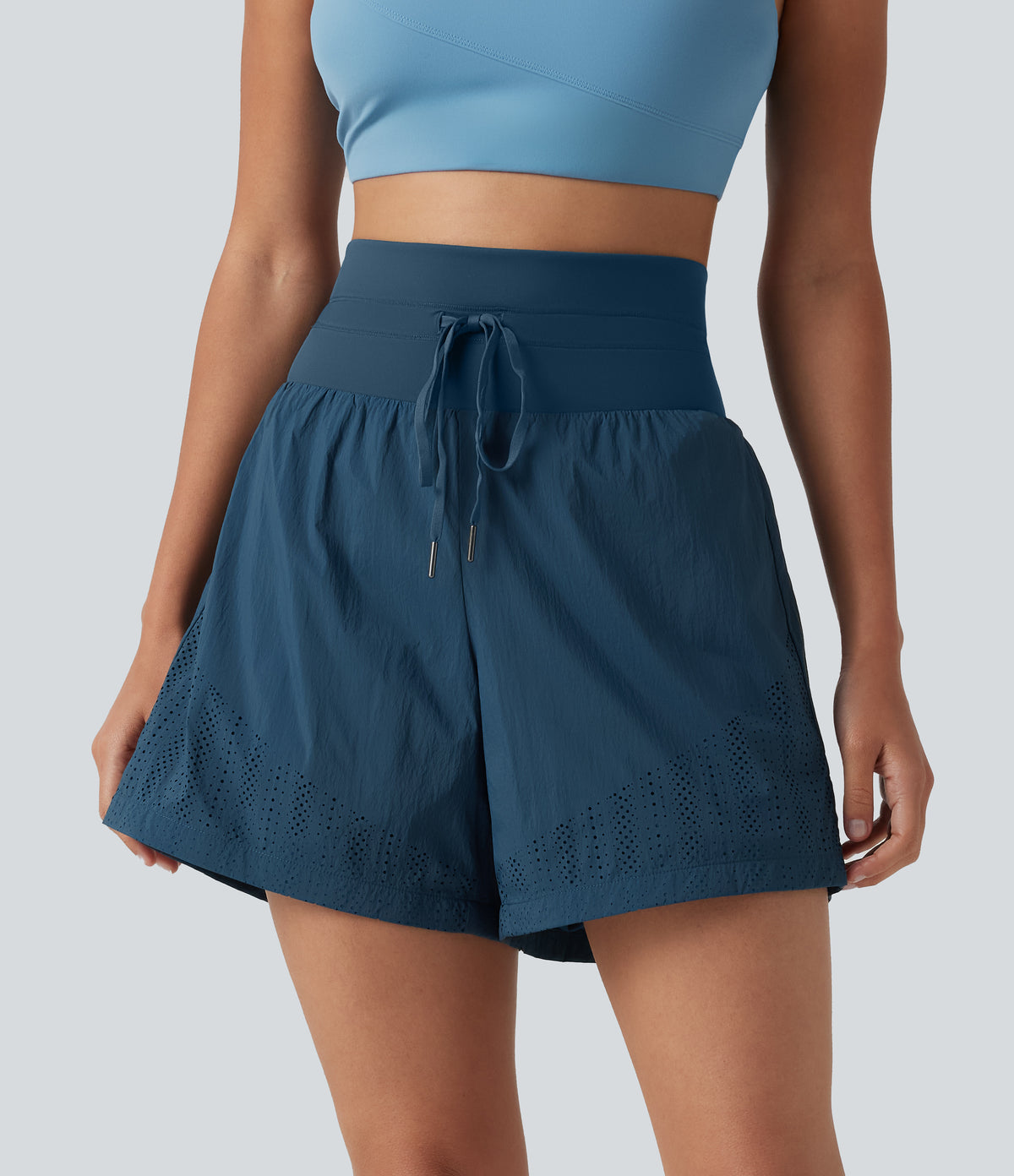 High Waisted Drawstring Eyelet Running Shorts 5'' with Pocket — Majolica Blue — view 1