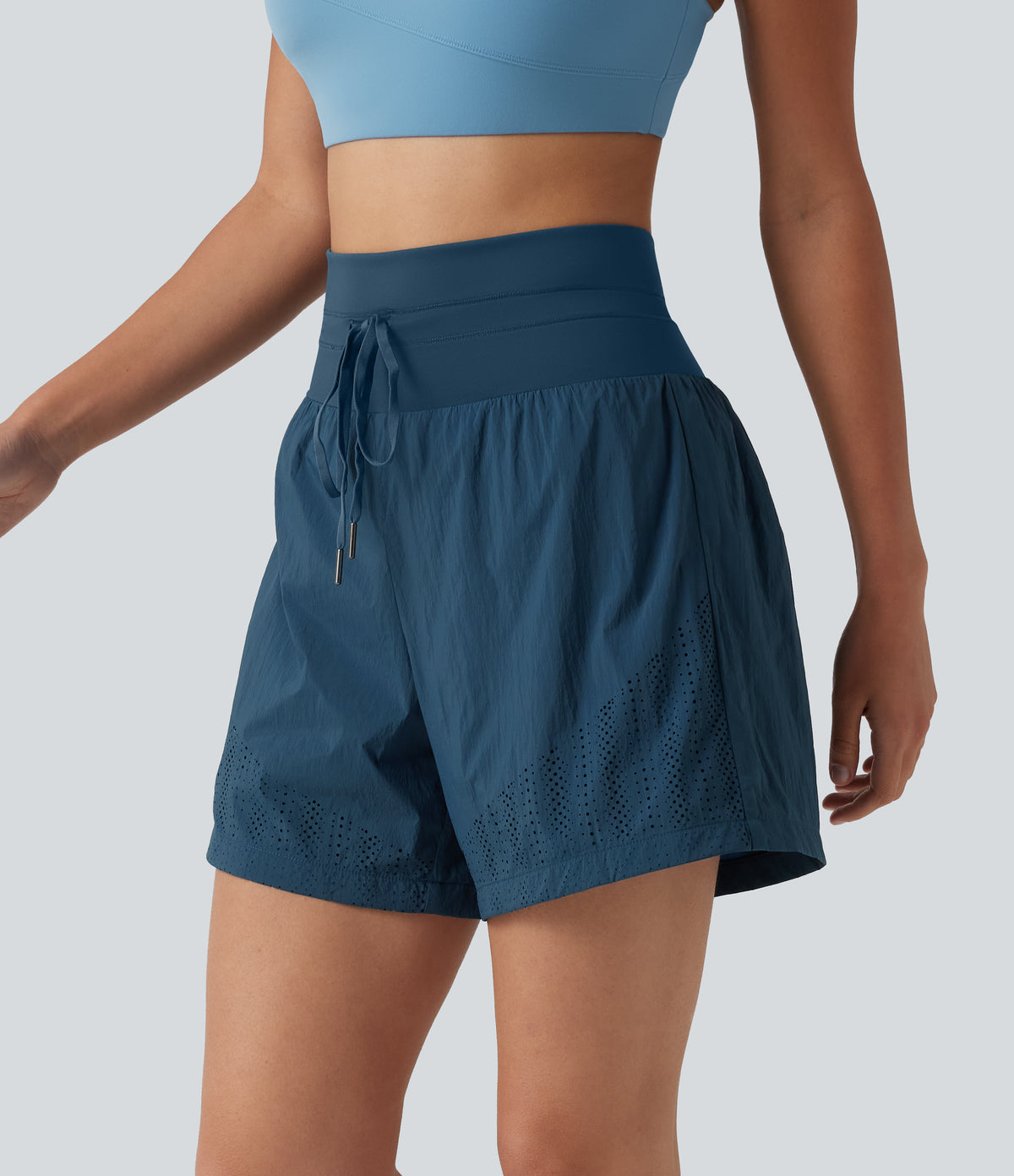 High Waisted Drawstring Eyelet Running Shorts 5'' with Pocket — Majolica Blue — view 3