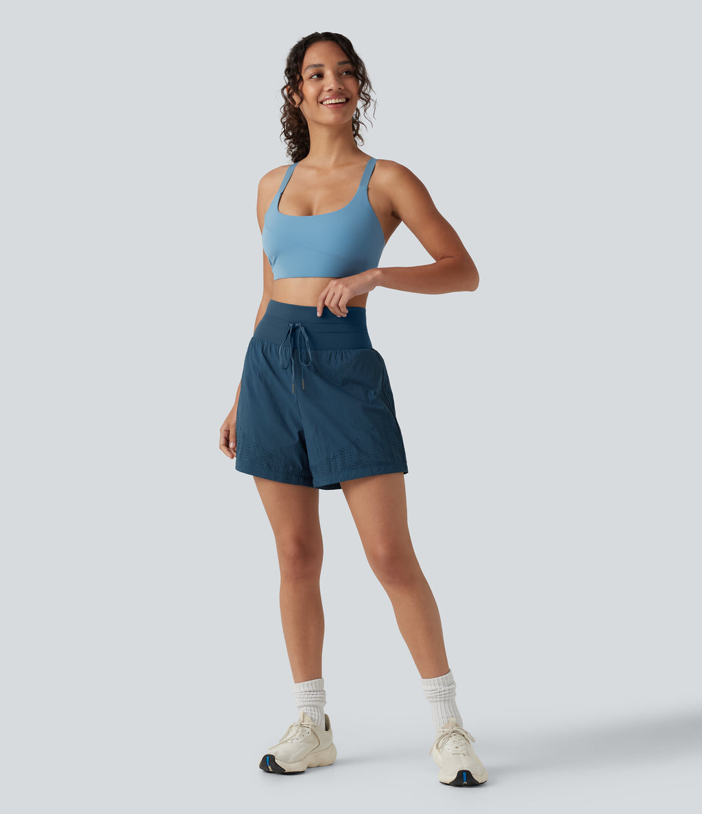 High Waisted Drawstring Eyelet Running Shorts 5'' with Pocket — Majolica Blue — view 7