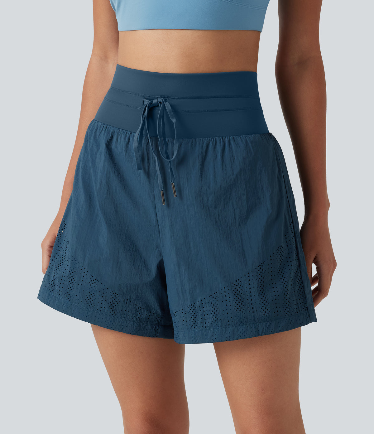 High Waisted Drawstring Eyelet Running Shorts 5'' with Pocket — Majolica Blue — view 5