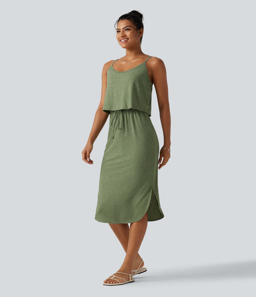Drawstring Curved Split Hem Midi Casual Slip Dress — Light Green Floral Yarn — view 3
