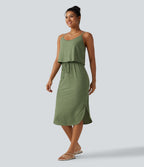 Drawstring Curved Split Hem Midi Casual Slip Dress — Light Green Floral Yarn — view 3