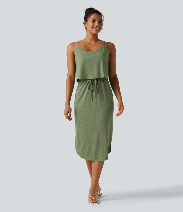 Drawstring Curved Split Hem Midi Casual Slip Dress — Light Green Floral Yarn — view 1