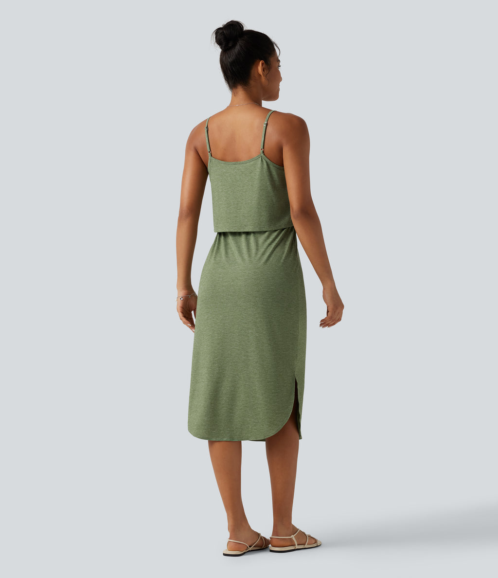 Drawstring Curved Split Hem Midi Casual Slip Dress — Light Green Floral Yarn — view 2