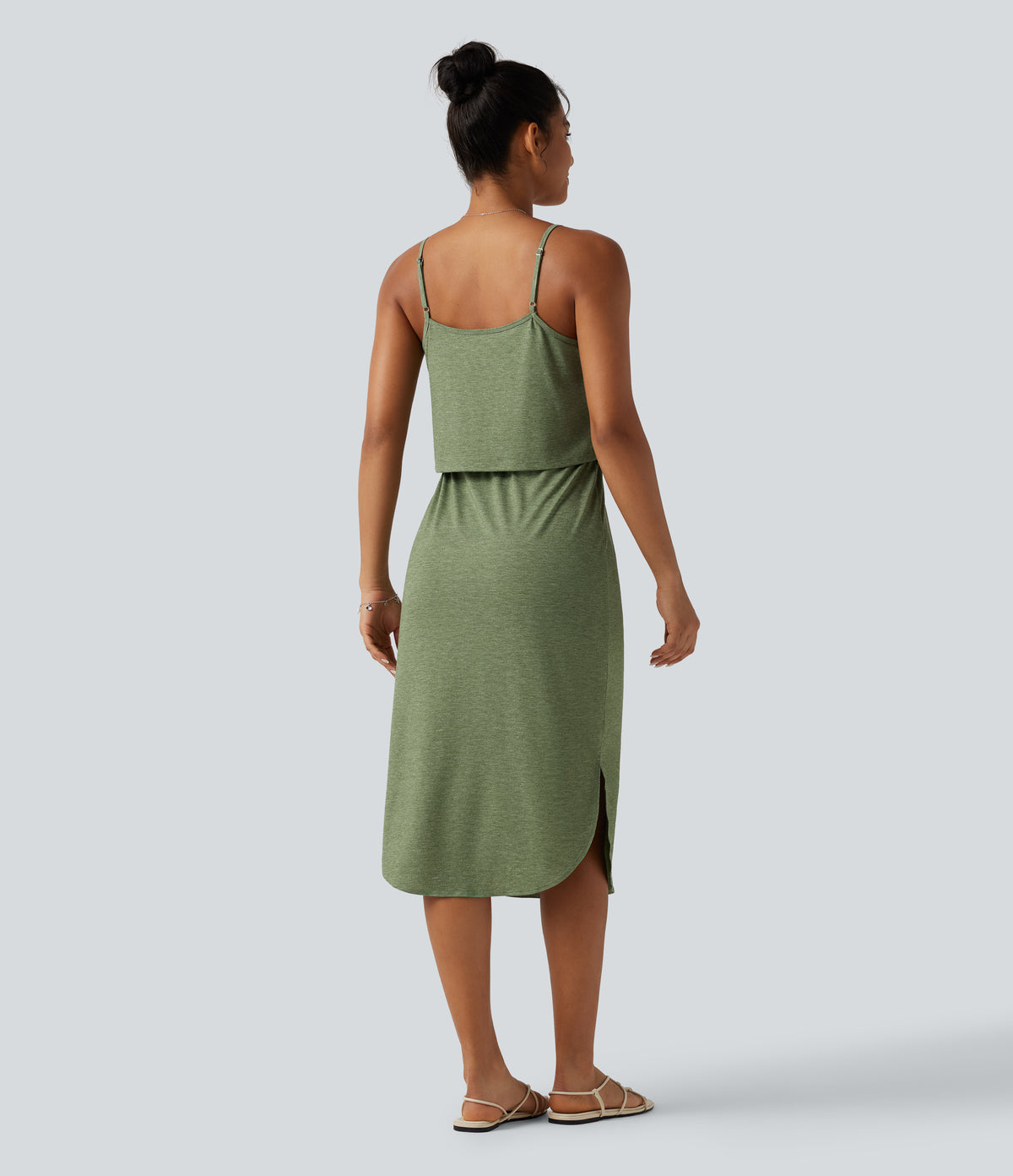 Drawstring Curved Split Hem Midi Casual Slip Dress — Light Green Floral Yarn — view 2