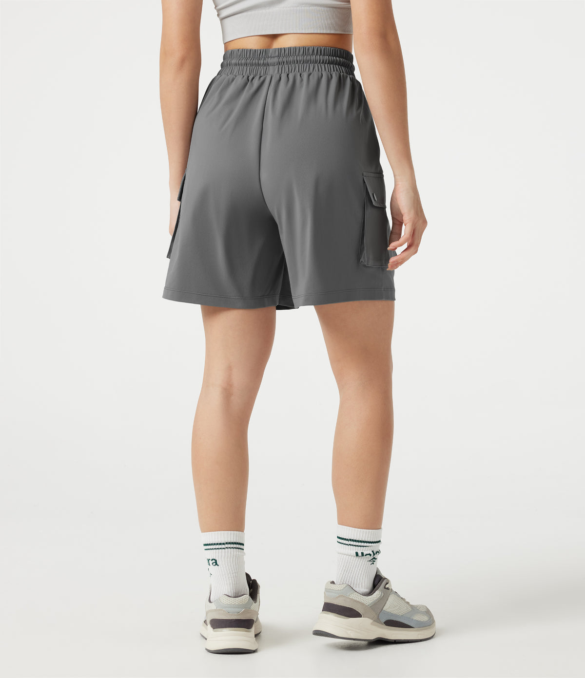 High-waisted Drawstring Workout Cargo Bermuda Shorts with Pockets — Mirage Gray — view 2