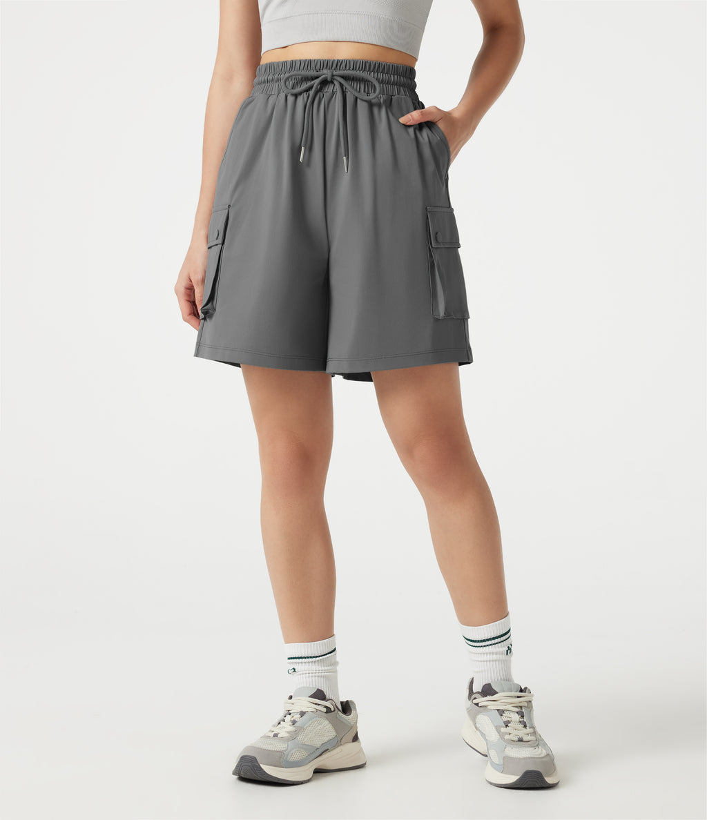 High-waisted Drawstring Workout Cargo Bermuda Shorts with Pockets — Mirage Gray — view 1