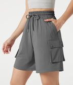 High-waisted Drawstring Workout Cargo Bermuda Shorts with Pockets — Mirage Gray — view 4