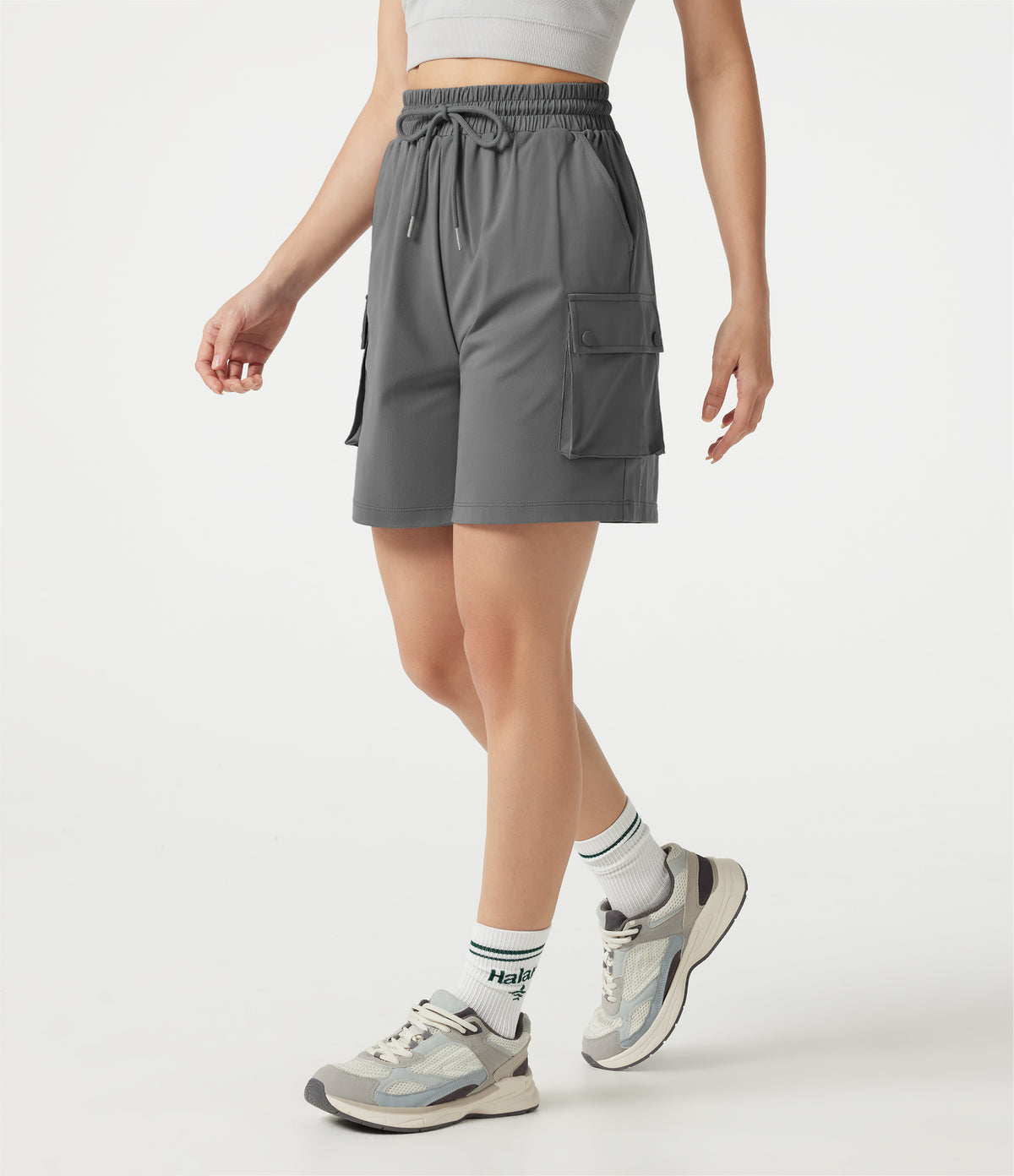 High-waisted Drawstring Workout Cargo Bermuda Shorts with Pockets — Mirage Gray — view 3