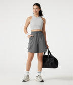 High-waisted Drawstring Workout Cargo Bermuda Shorts with Pockets — Mirage Gray — view 6