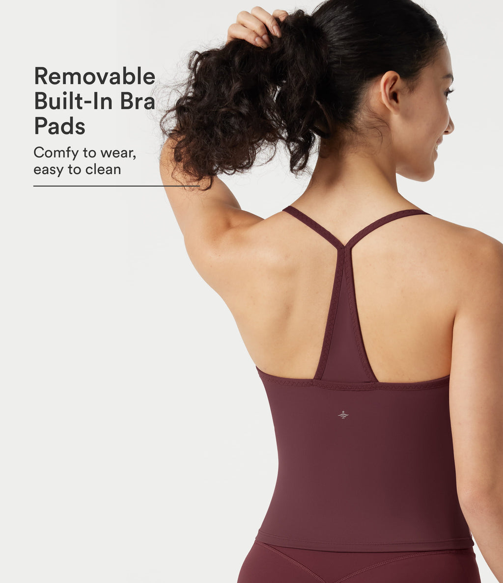 Plush V-neck Y-Back Built-in Bra Yoga Cami Top — Red Mahogany — view 1